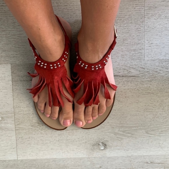 Furla red Fringed studded bohemian festive summer vacation travel Sandal - Picture 2 of 9